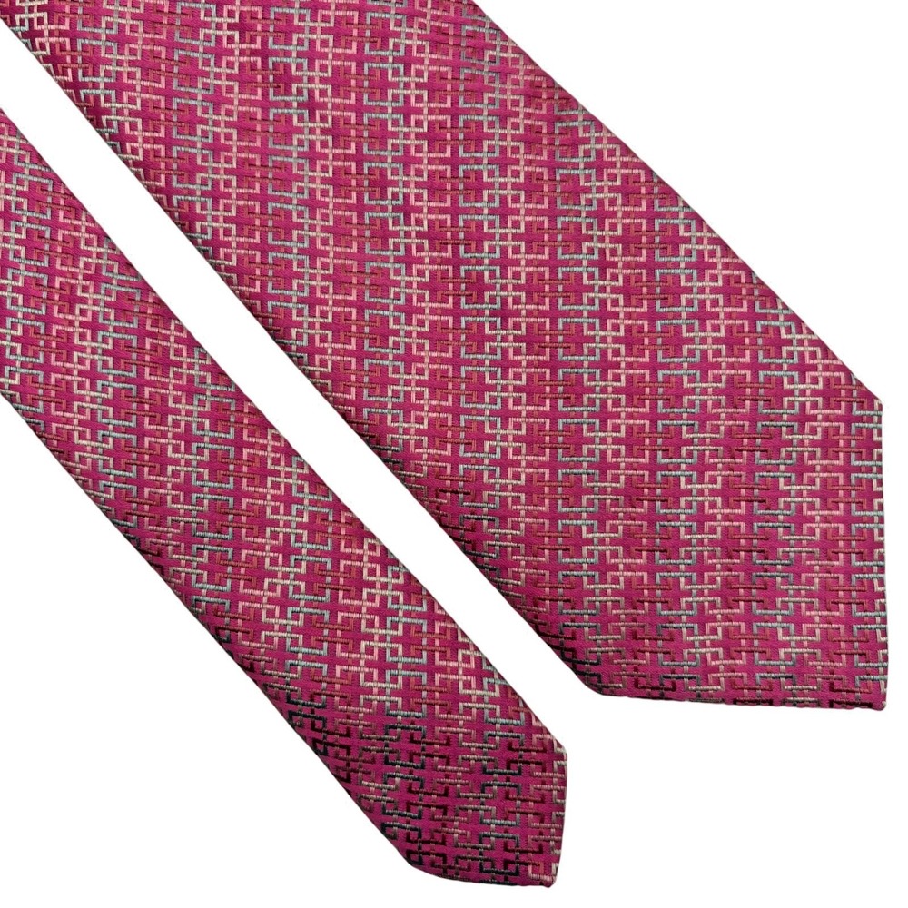 Thomas Pink Silk Tie Mens 59 x 3.5 Pink Silver Lattice Chain Jacquard Necktie